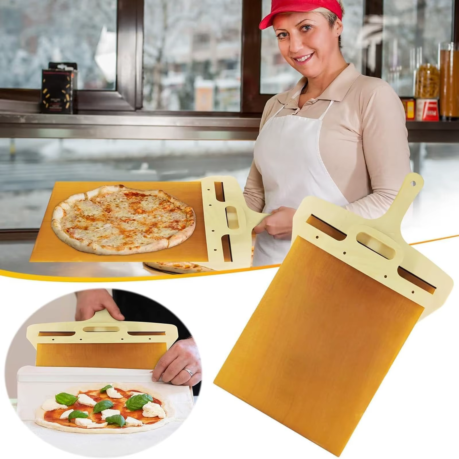 Schiebe-Pizza-Schaufel, Pala-Pizza-Scorrevole, Pizza-Schaufel, der die Pizza perfekt überträgt, spülmaschinenfester Pizzaschieber, Pizza-Pfannenwender-Paddel für Öfen – Bild 3