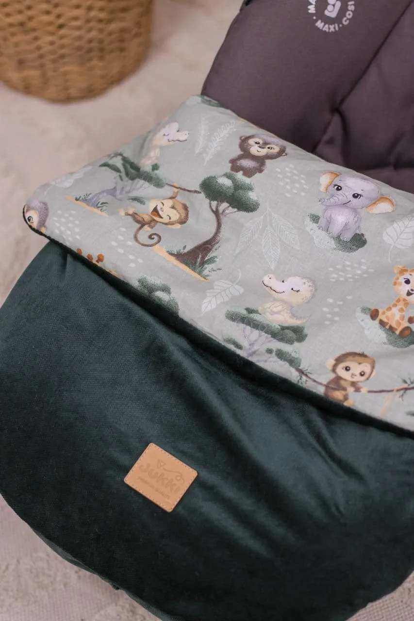 Tropical Animals & Bottle Green Velvet Fußsack für Autositz und Kinderwagen