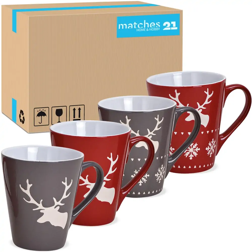 Tassen Kaffeebecher Weihnachten Hirsche rot & grau Steingut 36 Stk. 200 ml