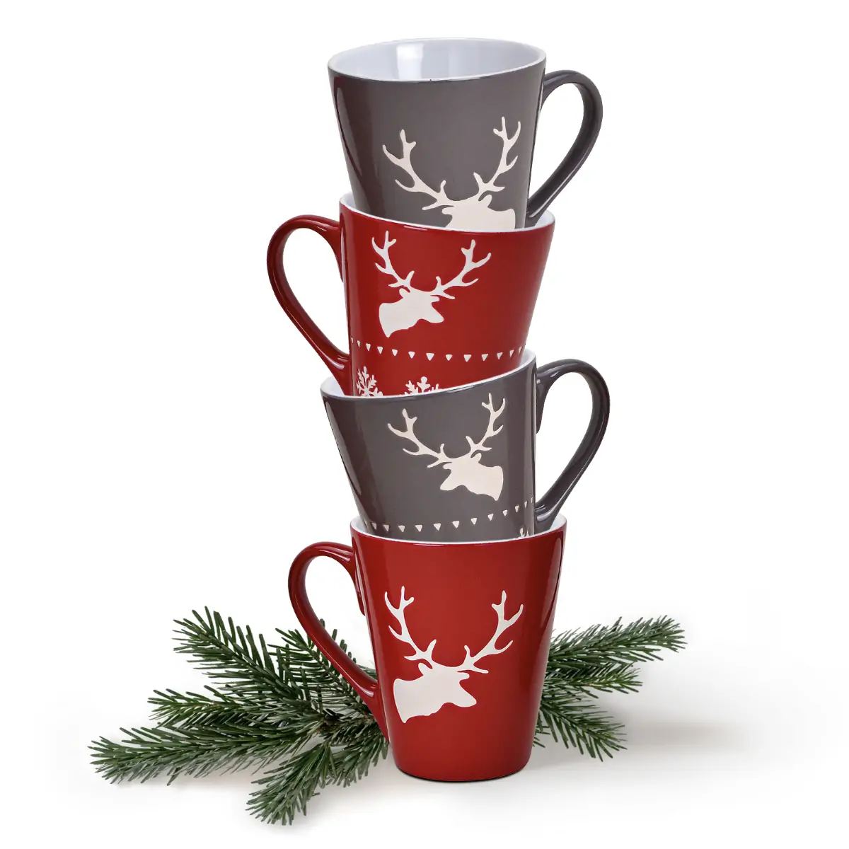 Tassen Kaffeebecher Weihnachten Hirsche rot & grau Steingut 4er Set 200 ml