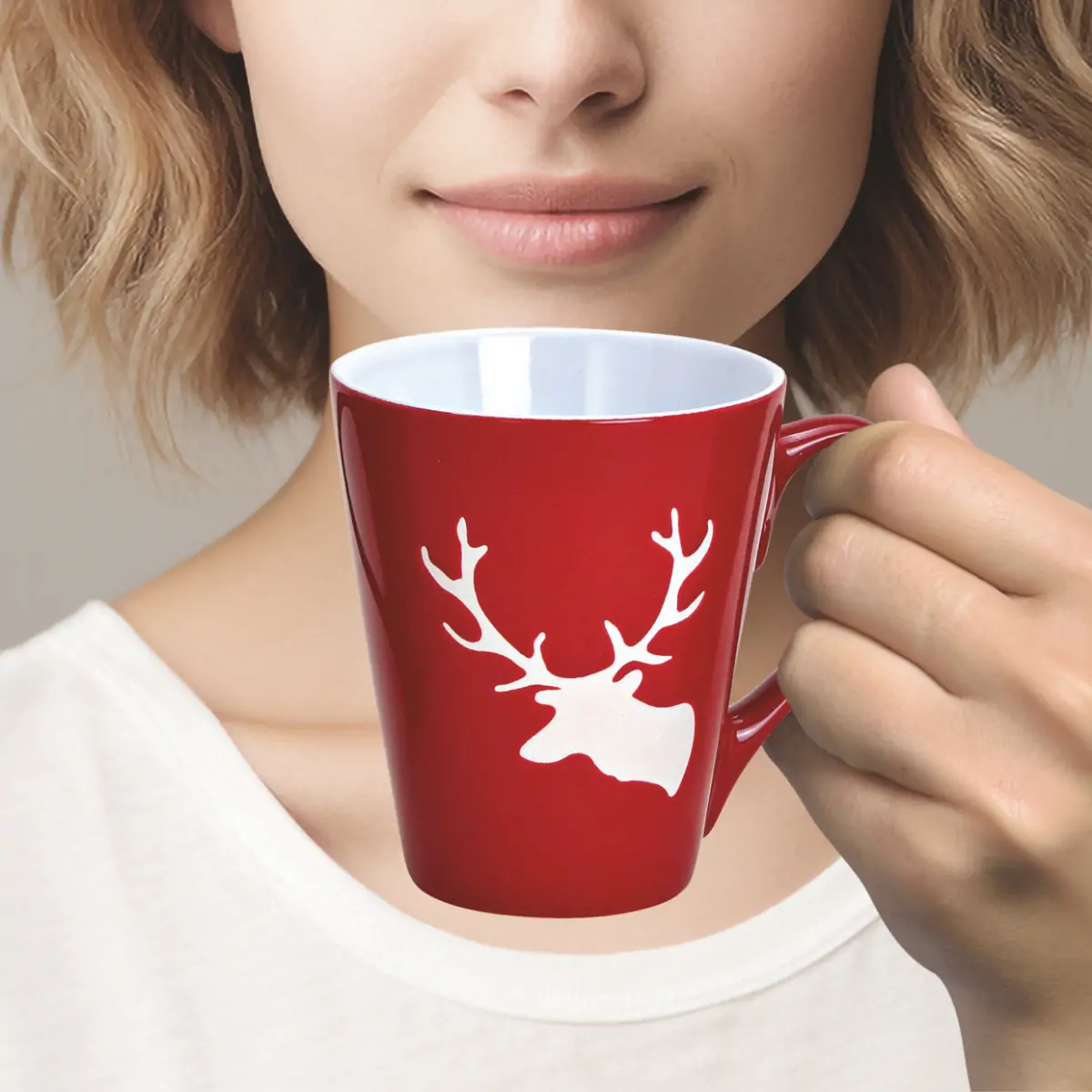 Tassen Kaffeebecher Weihnachten Hirsche rot & grau Steingut 4er Set 200 ml